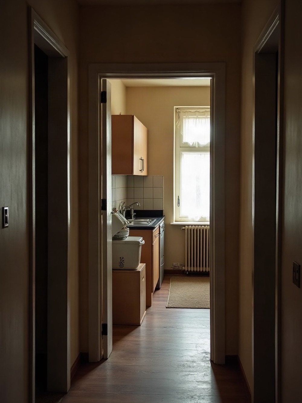 Residential hallway opening into a room of boxed appliances, hand tools, and a textile lamp