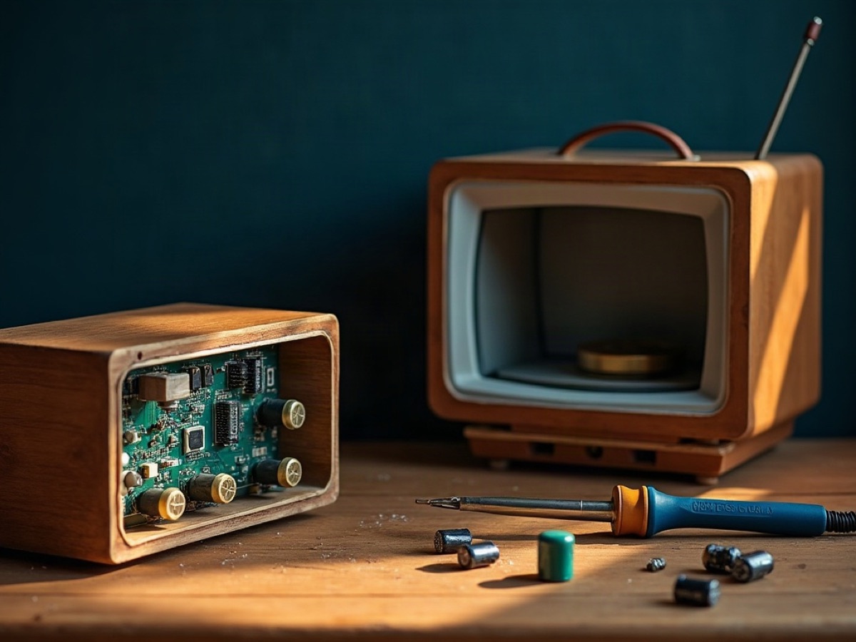 Wooden repair bench with an opened radio chassis, capacitors, and the back of a television