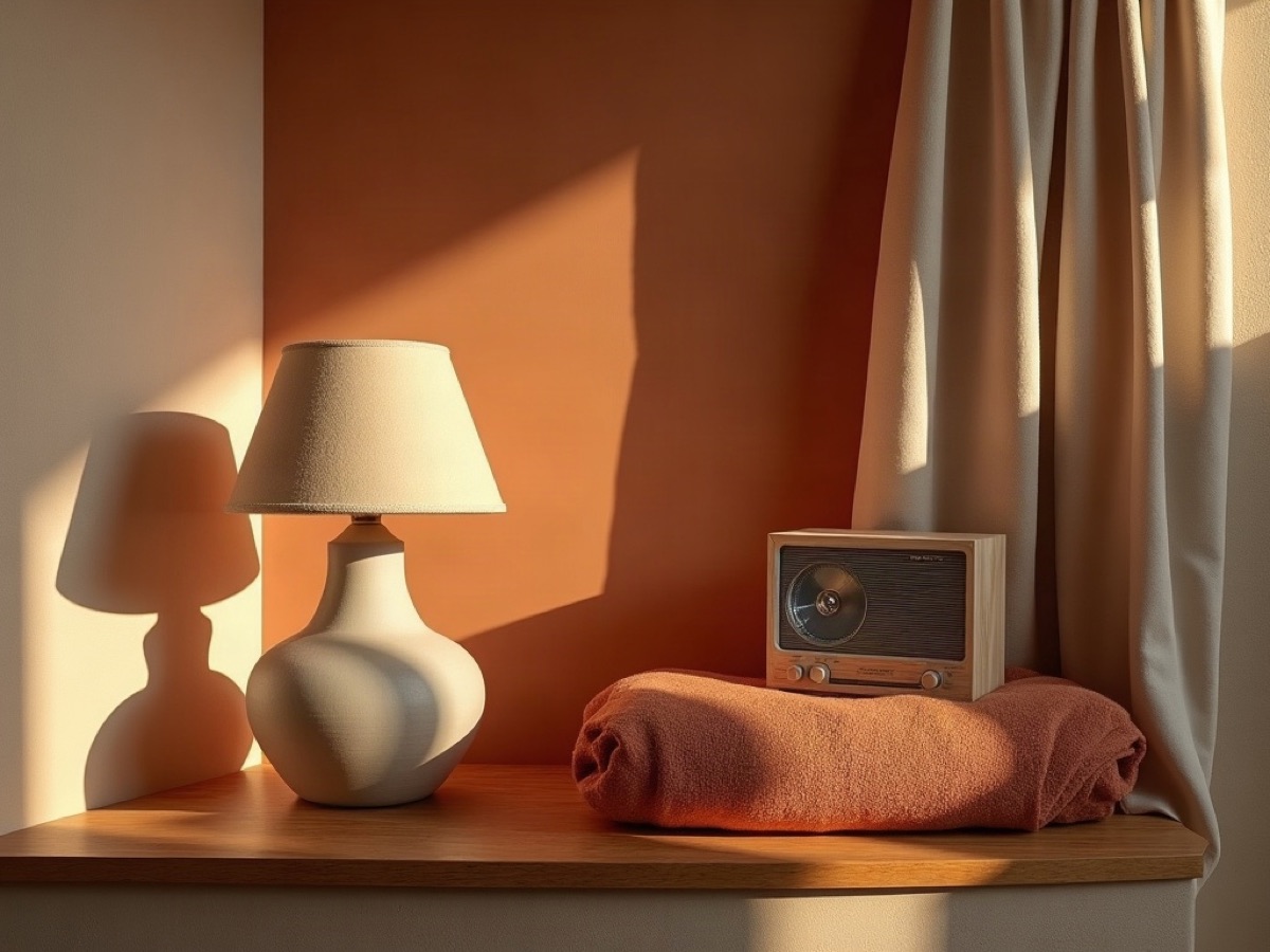 Living-room shelf with a ceramic lamp, folded textile, and a small table radio