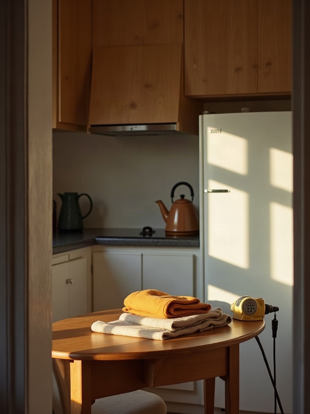 Kitchen corner with a refrigerator, kettle, linen, and a small tool roll