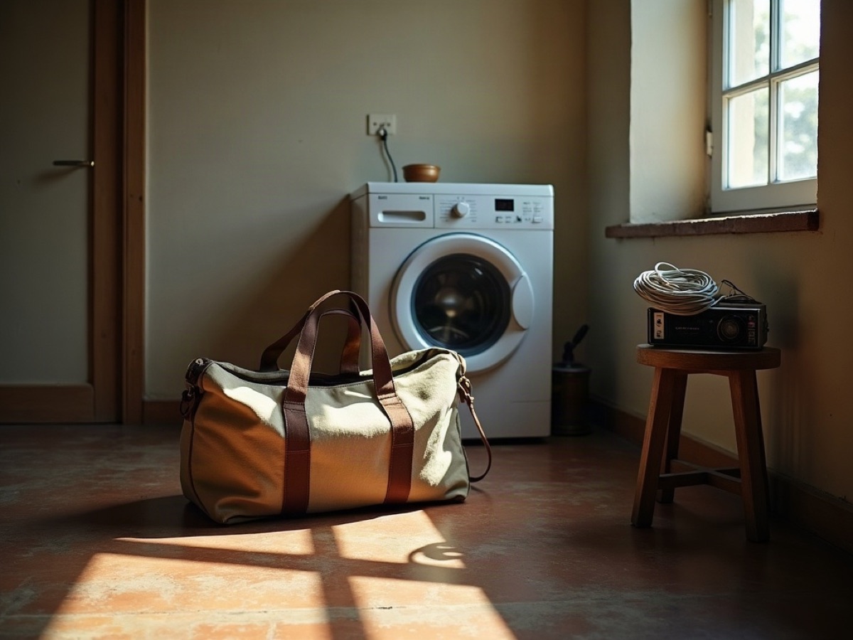 Open tool bag on an apartment floor beside a washing machine and a small radio